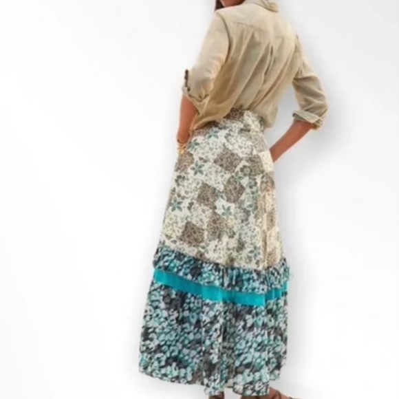 🆕 Anthropologie Raga Floral Patchwork Maxi Skirt Aqua Green Tan - Picture 3 of 9
